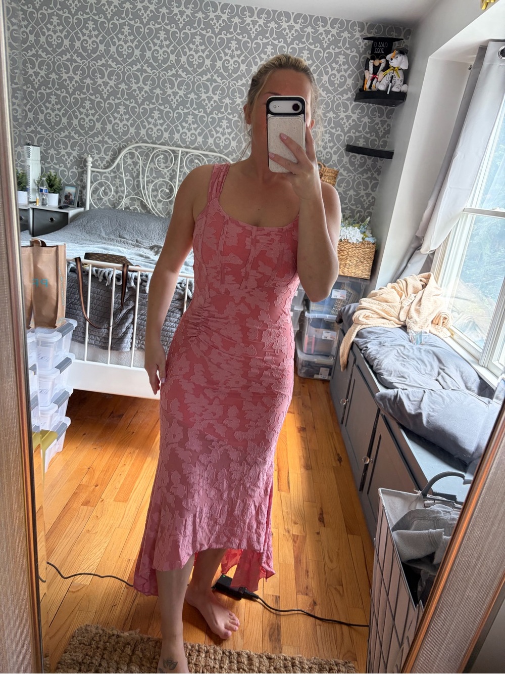 Pink Lace High-Low Midi Dress